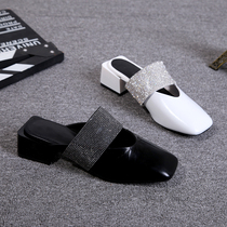 European and American 2022 Summer new genuine leather coarse and lazy person Baotou Female slippers Water drill square head outer wearing with half slippers