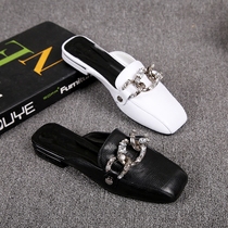 2022 Summer new section Women shoes genuine leather flat bottom half drag chain strip fashion 100 hitch Han version Baotou slippers Fang head cool drag woman