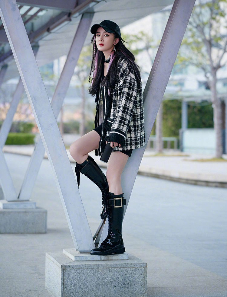 2021春杨幂明星同款小香风粗花呢流苏外套千鸟格子开衫