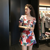 Vis gold square collar French retro floral dress 2021 new summer waist thin temperament bubble sleeve skirt