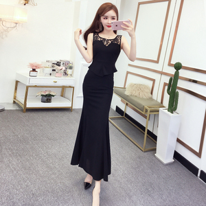 summer new sexy sleeveless lace stitching long fish tail dress