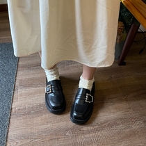 Seven step forest small man flat thick bottom cowhide square head buckle Lefu single shoes womens small leather shoes 2021 spring and autumn