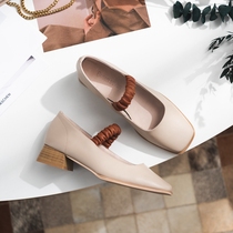 Seven steps forest genuine leather square head Mary Jane shoes literary forest department womens thick medium heel shallow mouth single shoes spring and autumn new 2021