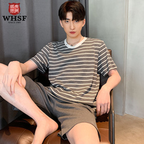 Sleepwear Male Summer Pure Cotton Color Textured Striped Sports Youth Brief Korean version Large code All cotton male style Home Residence Suit Suit