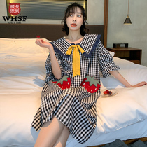 Sleepwear women Summer short sleeves Clostridium pure cotton plaid cuddly sweet and strawberry embroidered full cotton Home Lady Sleeping Dress
