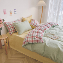 ins pure color pure cotton washed cotton four sets student dorm room full cotton three 4 sets bedding linen bed hat