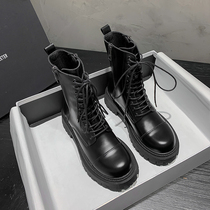 2020 new Martin boots womens real leather thick-soled spring and autumn boots British style dark black double zipper motorcycle mid-barrel boots