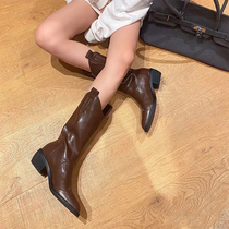2021 autumn and winter new V-mouth western cowboy boots pointed thick heel mid-barrel boots but knee boots vintage knight boots