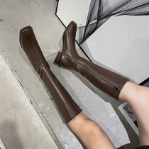 (off-season clearance)Autumn and winter new square head high boots womens flat flat thin stretch boots but knee thin boots