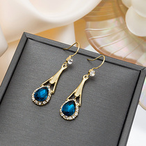 Japan-ROK fashion Elegant Blue Crystal Earrings Woman SLIM FACE LONG Stream Suear Hook Drop Gilded Love Ear Pendant