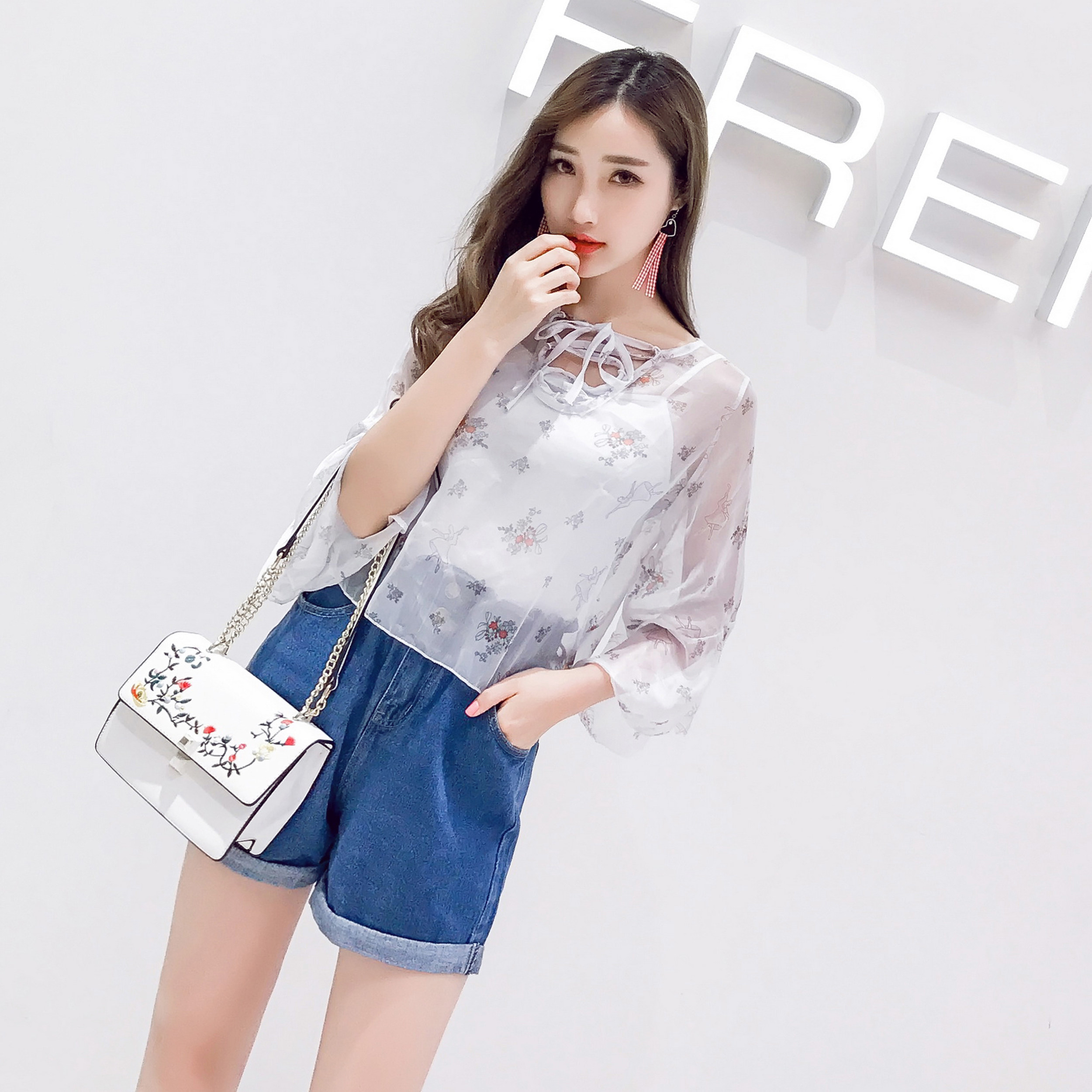 2017夏装新款女装碎花雪纺衫短袖吊带两件套休闲雪纺上衣女