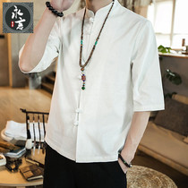 men's summer cotton linen shirt chinese style buttoned tang bottoming shirt youth loose breathable half sleeve hanwear