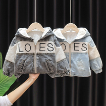 Boys winter denim jacket New Baby Childrens foreign style thick hooded jacket baby long trench coat tide