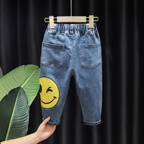 Male baby spring and autumn jeans 2021 new Korean version of childrens cartoon smiley face pants little boy pants