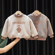 Childrens clothing boys plus velvet clothes autumn and winter childrens baby coat baby thick winter dress stripe base shirt tide