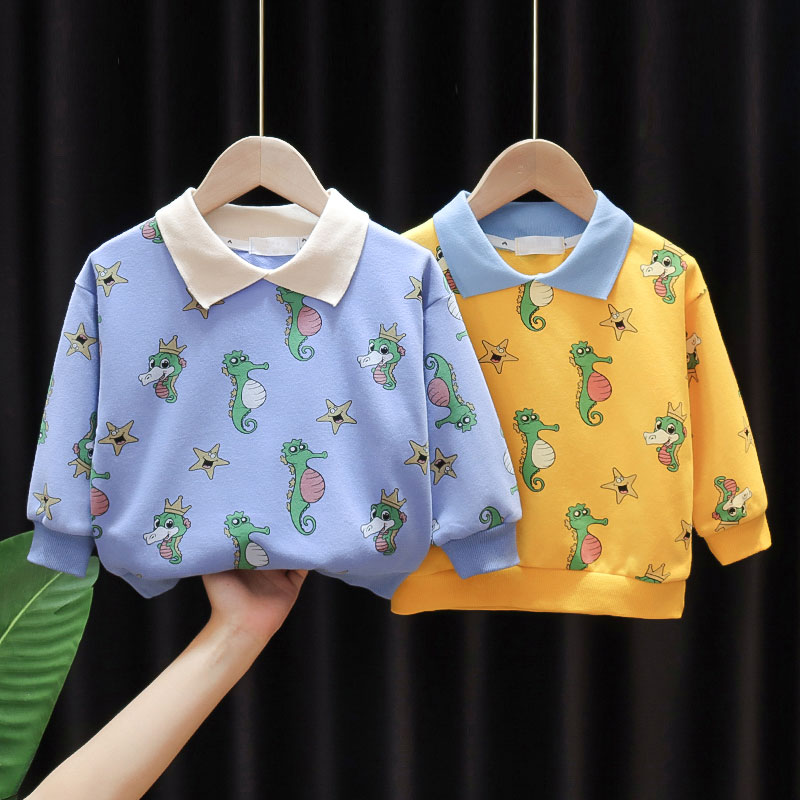 Childrens clothing boy spring and autumn polo lapel cartoon sweater Korean version of childrens new baby casual top bottom shirt