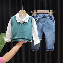 Childrens clothing male baby spring and autumn set 2021 New Baby children Korean handsome shirt jeans three-piece tide