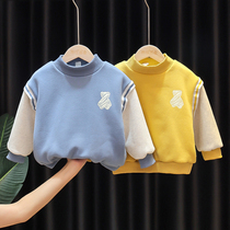 Childrens winter clothes for boys and women plus velvet jacket new foreign atmosphere baby Korean version of thick high neck base shirt tide