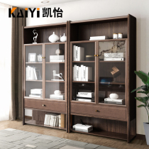 All solid wood bookcase with door New Chinese style modern simple living room office floor shelf glass door bookcase combination