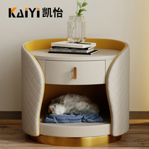 Italian light luxury bedside table leather fabric solid wood simple modern Nordic gray Net red bedroom storage bedside cabinet