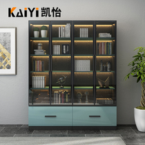 Floor-to-ceiling bookcase with door with glass door light luxury modern simple minimalist living room large locker bookcase combination with lamp