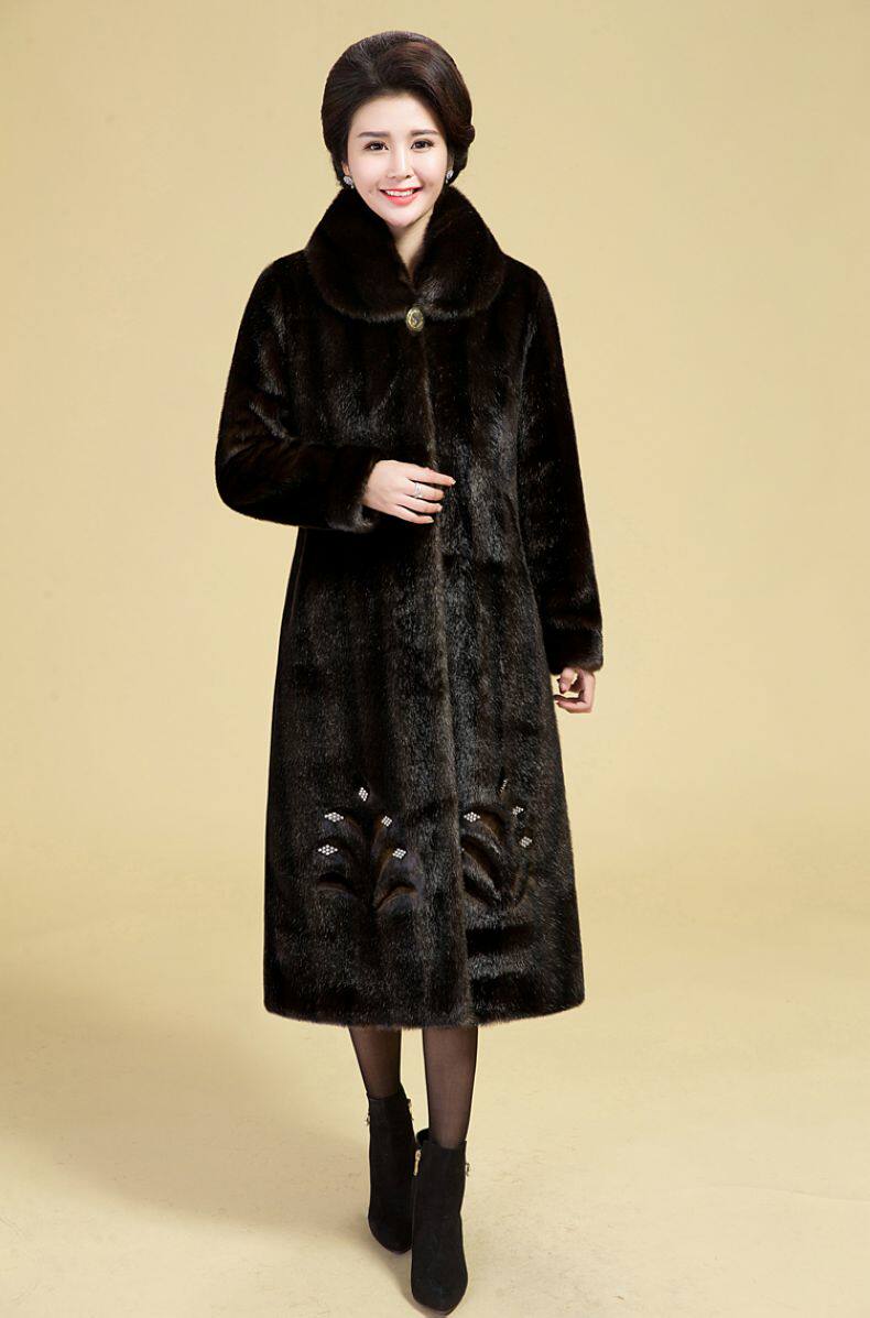 中老年女装皮草大衣长款过膝妈妈冬装加厚水貂毛整貂貂皮外套大码
