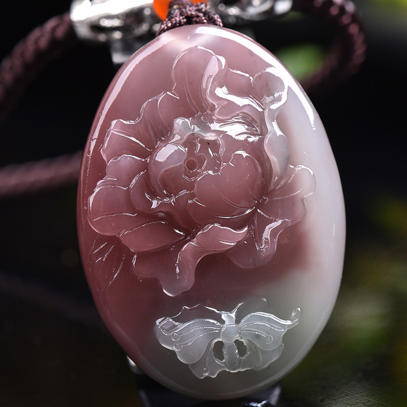 天然紫绿玛瑙吊坠俏色玛瑙毛衣链秋冬季新款女款水晶雕刻饰品花