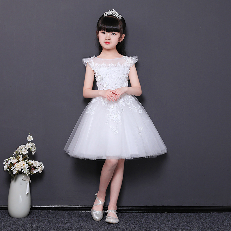丽兰朵蓬蓬纱女童公主裙花童白色婚纱礼服儿童钢琴走秀主持表演服