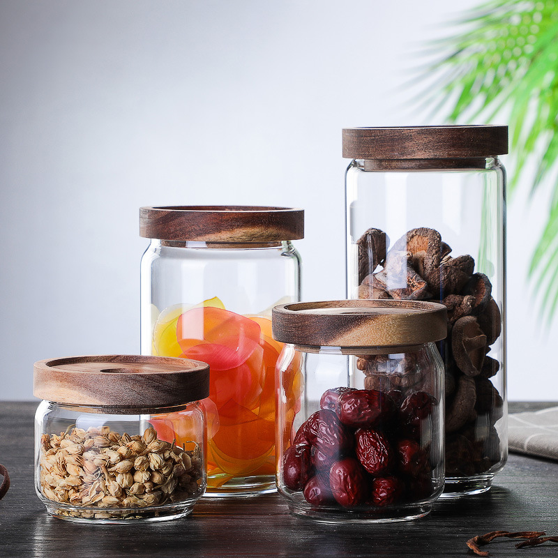 Japanese glass sealed jar of coffee bean storage tanks of household grain storage tank caddy fixings large acacia wood lid