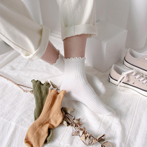 REME square color autumn girls cotton mid-tube socks wooden ear side piles of socks vertical three-dimensional sense wild socks women