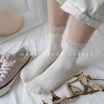 REME square autumn warm color womens socks fairy lace socks vertical strip pile socks Japanese girl cute socks female