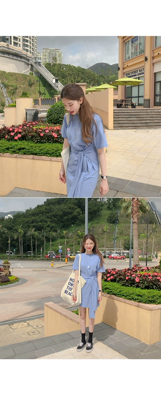 Váy thắt eo màu xanh dương phiên bản Hàn Quốc 2021 mới mùa hè Pháp váy áo thun trung dài lưng cao eo nhỏ - Váy eo cao