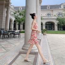 Red dot chiffon dress 2021 new summer medium-long temperament waist thin sleeveless skirt
