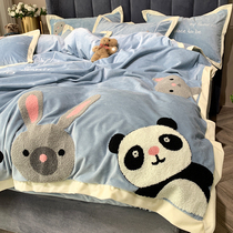 Winter thickened warm coral velvet four-piece set cartoon cute Panda embroidery quilt cover baby velvet bedding
