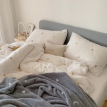 Autumn and winter small fresh thickened teddy velvet four-piece set white star embroidery duvet cover soft coral velvet warm bedding