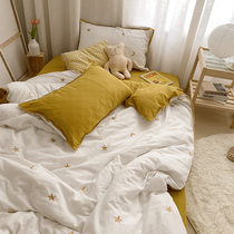Small fresh and simple double gauze naked sleeping pure cotton four-piece set of stars embroidered flowers Cotton breathable bedding