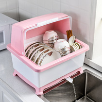 Household plastic cupboard Kitchen drain bowl rack with lid chopsticks tableware storage box bowls plates spoons water filter rack