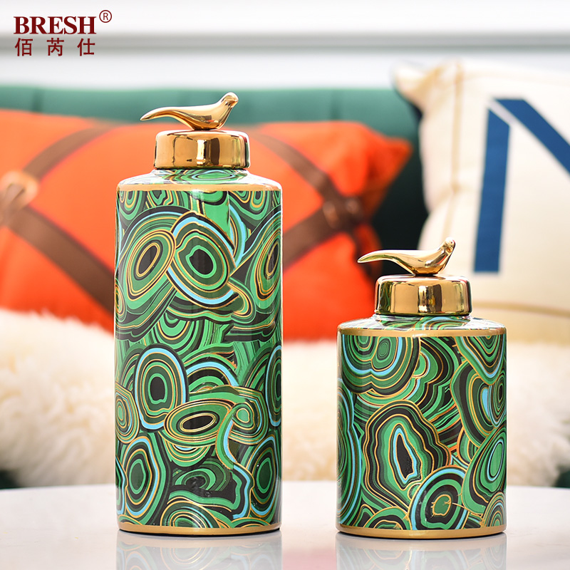 Key-2 Luxury light green ceramic vase storage multi - function furnishing articles of new Chinese style household act the role ofing is tasted between example sitting room decoration