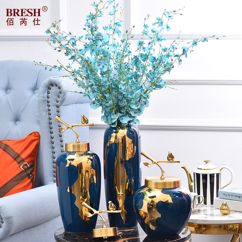 Light the key-2 luxury of modern ceramic vases, pure copper cover furnishing articles of new Chinese style living room flower arrangement of jingdezhen ceramic vase household