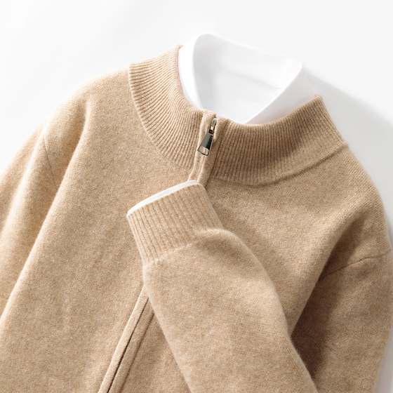 100% Australian wool cardigan men's half turtleneck thickened solid color sweater business casual cashmere jacket knitted base 100% Australian wool cardigan men's half turtleneck thickened solid color sweater business casual cashmere jacket knitted base