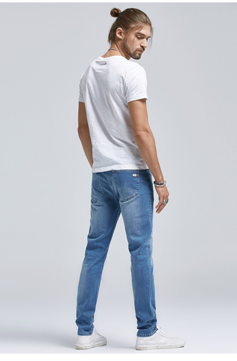 bs2b/小魔鱼牛仔裤男长裤夏新修身弹力浅蓝色水洗小直脚裤男青年n