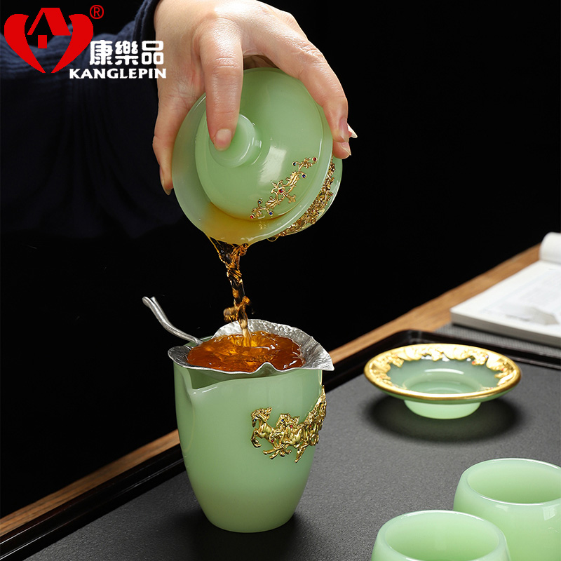 Recreational product azure with silver coloured glaze tea set jade porcelain creative kung fu tea tureen high - grade the whole household