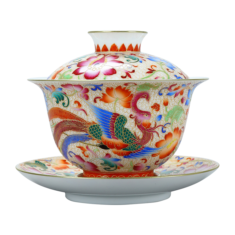 Recreational product color tureen suit hand - made ceramic checking wire inlay enamel longfeng kung fu tea tea bowl