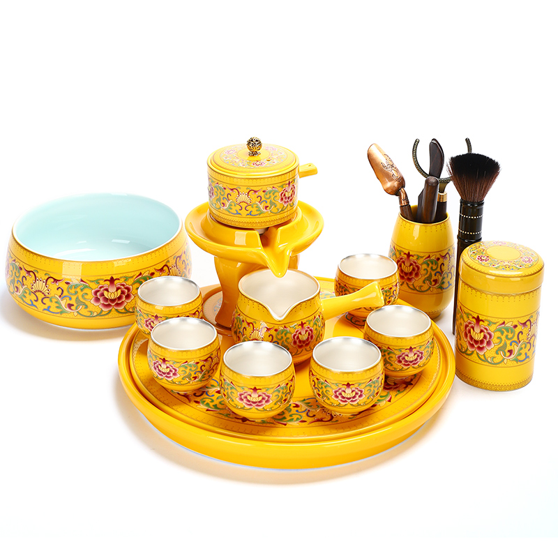 Recreational product jingdezhen colored enamel semi - automatic tea set lazy household ceramics coppering. As silver cups of a complete set of the teapot