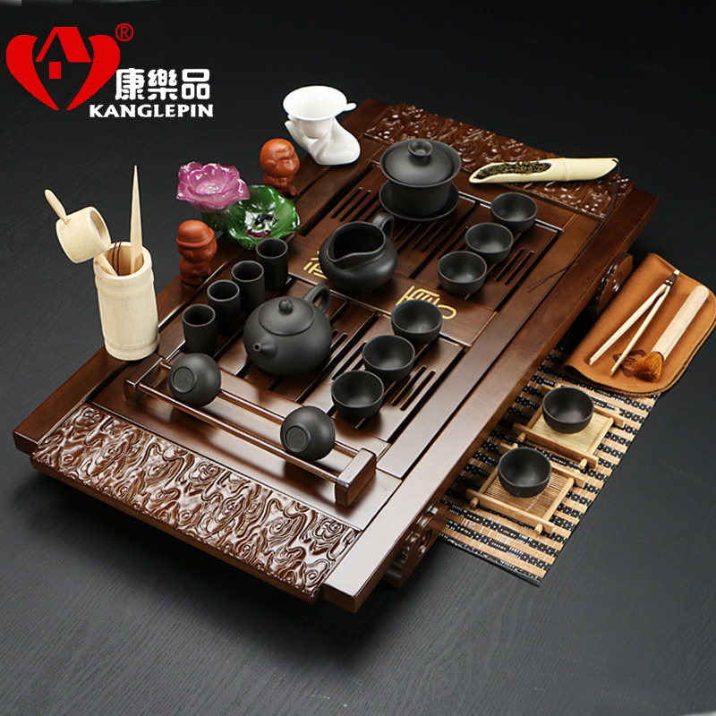 Recreational products a complete set of tea set kung fu tea ice crack glaze violet arenaceous xiangyun four quick combination solid wood tea tray