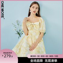 ONE MORE2021 summer new square collar chiffon dress sweet temperament high waist mid-length skirt women