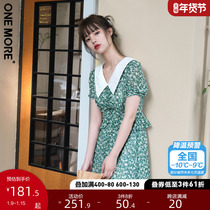 ONE MORE2021 summer new green floral dress lapel retro temperament short chiffon skirt