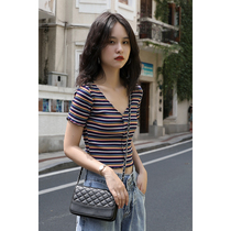 Slim-fit stretch color matching striped short knitted short-sleeved cardigan V-neck Hong Kong retro top Contrast color T-shirt all-match