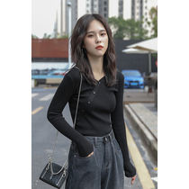 Youxiangknitwear womens 2021 new autumn V-neck design sweater black slim-fit thin bottoming shirt