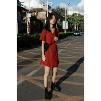 Retro Hong Kong flavor lace-up skirt suit collar A-line skirt short-sleeved 2021 new autumn temperament red dress female